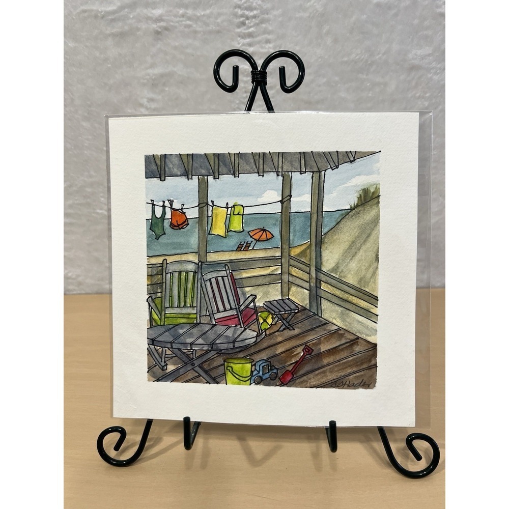 Sarah Haden Signed Original Watercolor Beach Porch Ocean Scene 8x8 Art